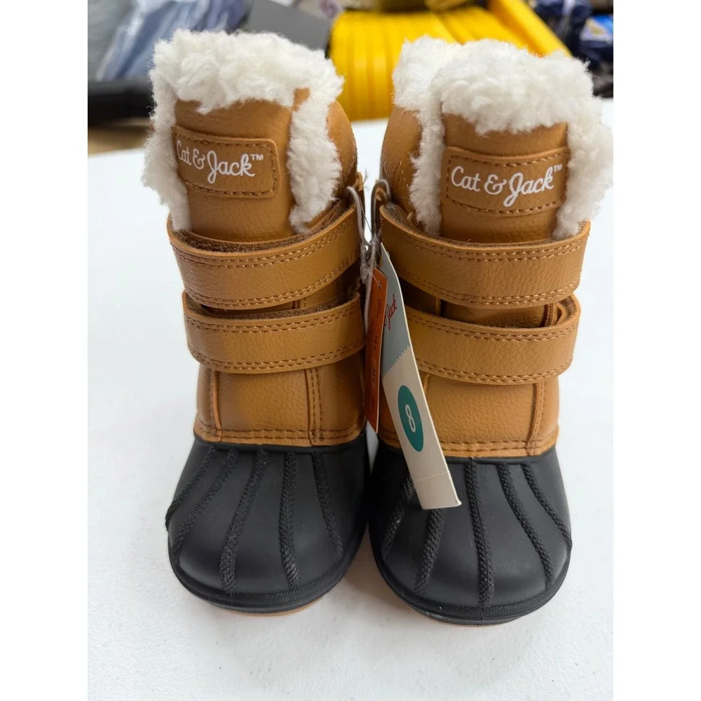 Cat & Jack Toddler Boys Tan Black Winter Snow Duck Boots Faux Fur Lined Size 8